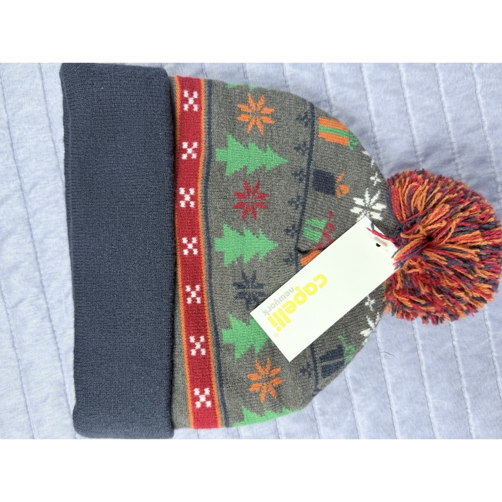 Capelli New York Christmas Beanie NWT Gray Fair Isle Pom Pom Holiday Hat OS